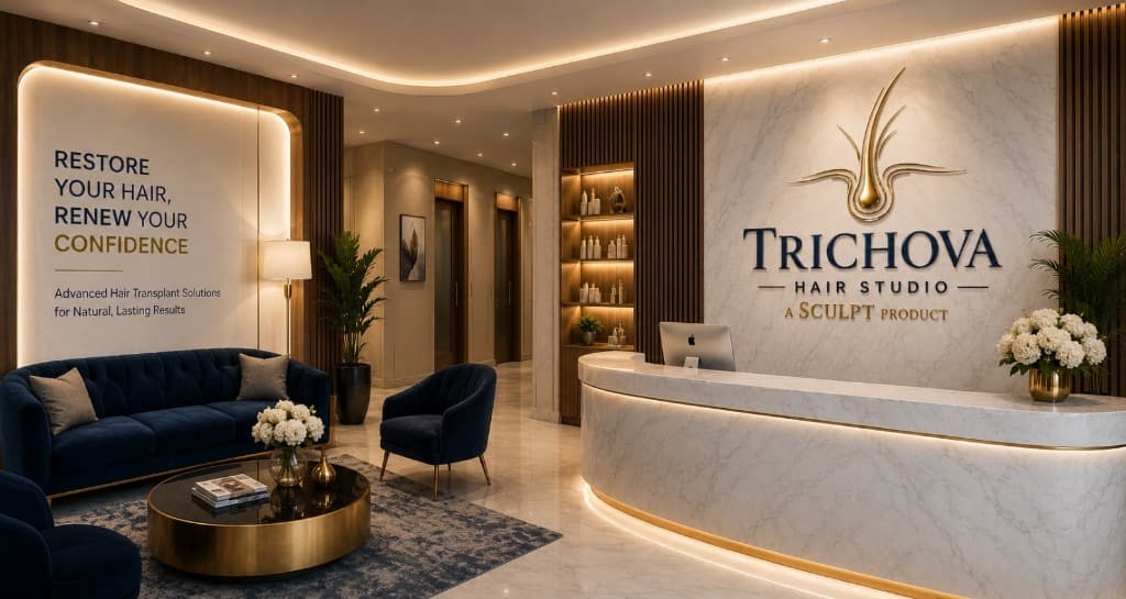 Trichova Hair Studio premium clinic reception — luxury interior